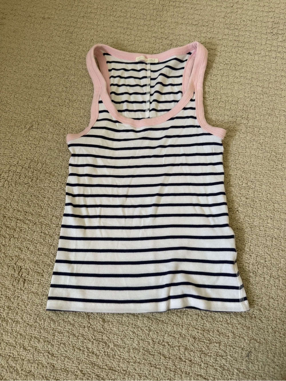Zara White Navy Striped Tank Top with Pink Trim
